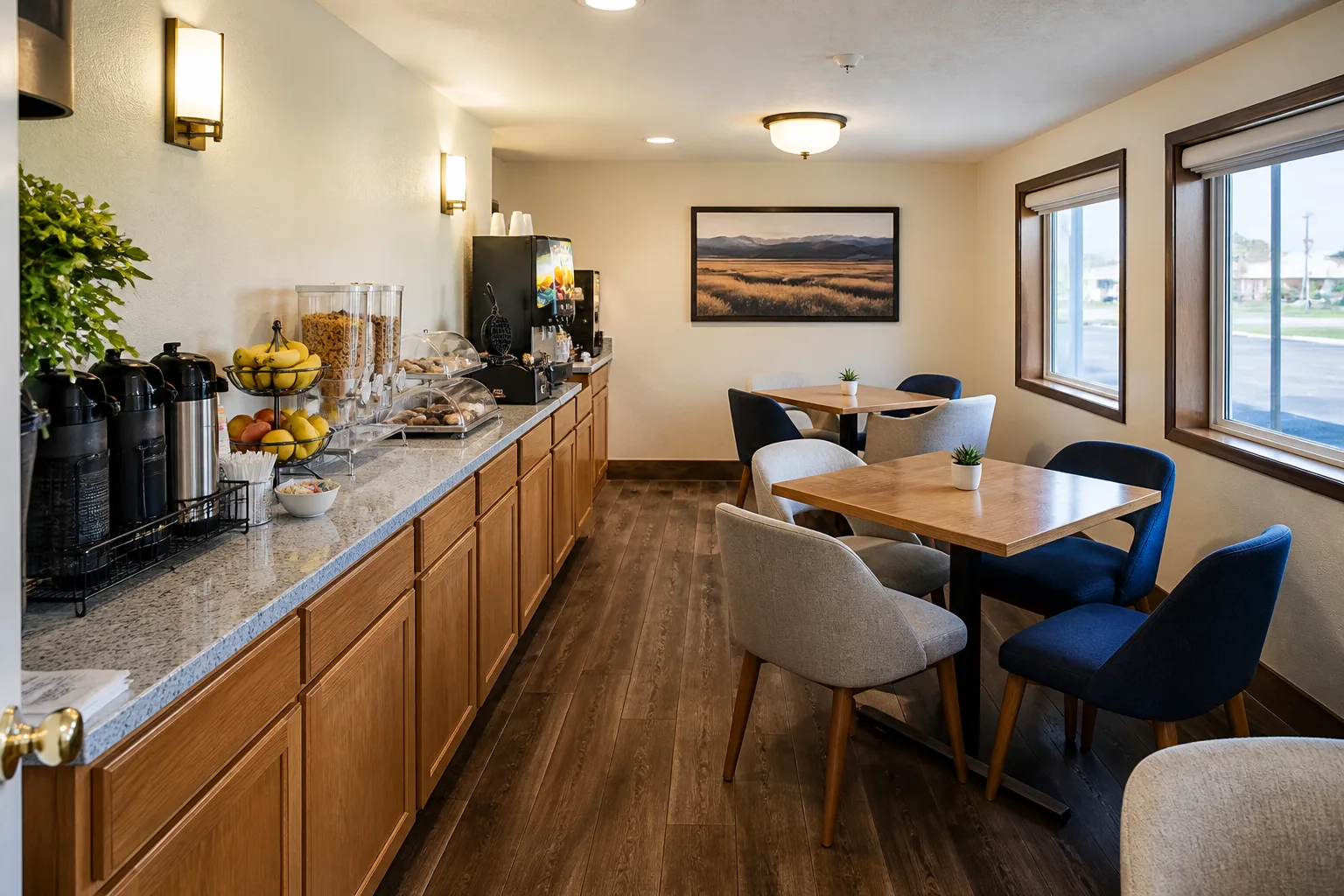 A refreshed hotel breakfast room in Nampa